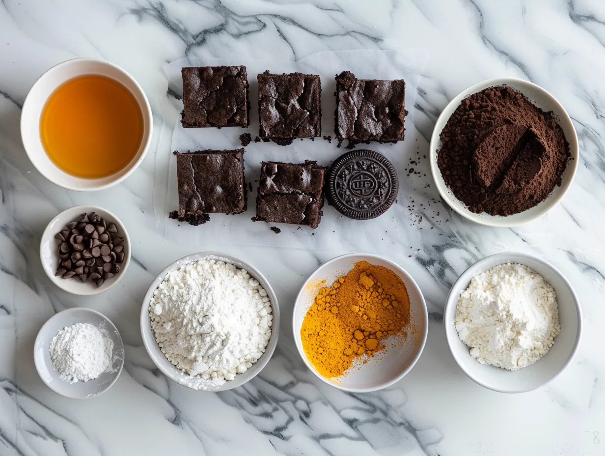 All the ingredients needed to make Halloween Oreo Brownie Bars laid out on a counter.