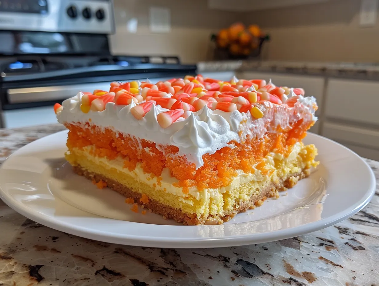 Finished Candy Corn Poke Cake