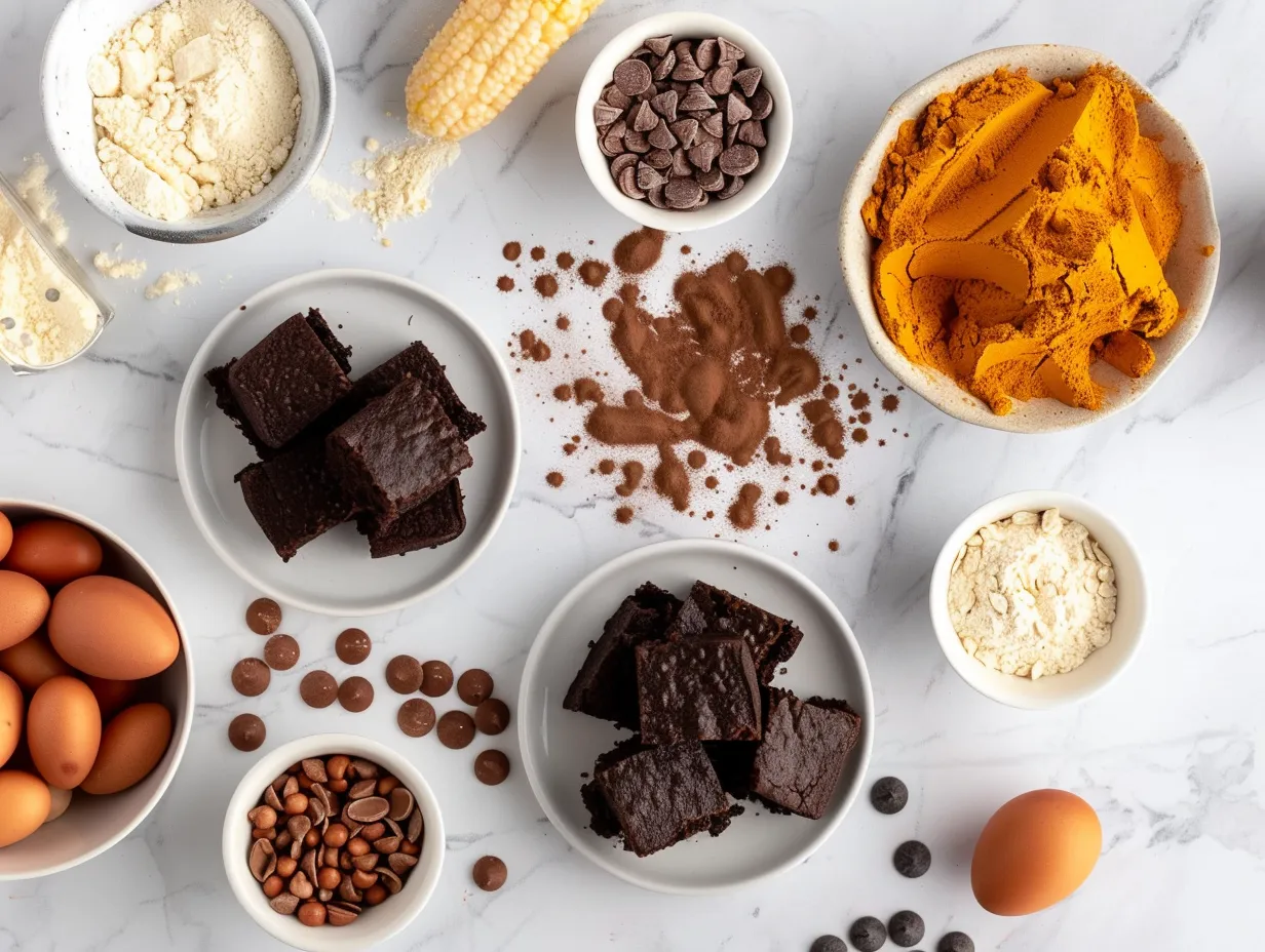 Ingredients for making Halloween Blondies, including butter, sugar, eggs, flour, and Halloween candies.