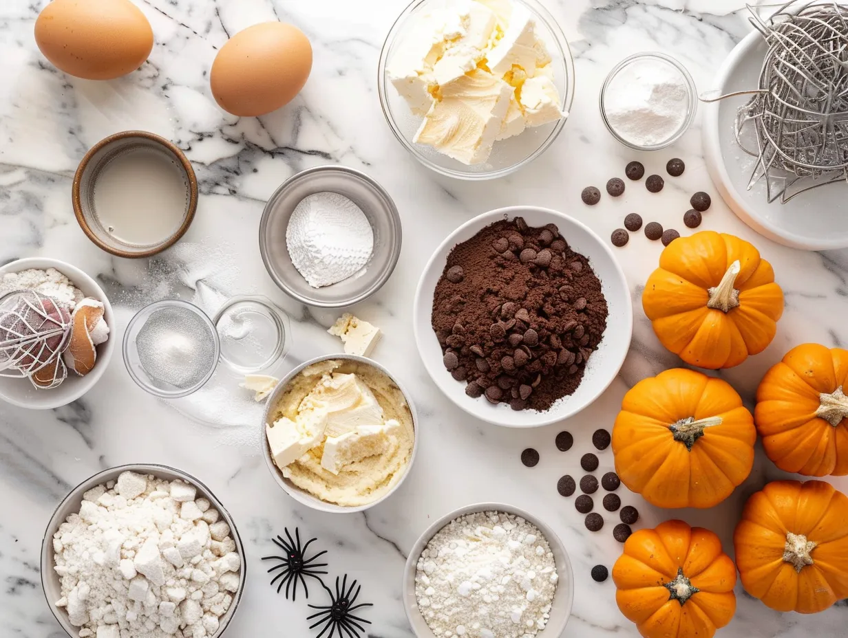 Ingredients for Halloween No-Bake Icebox Cake including chocolate sandwich cookies, cream cheese, sweetened condensed milk, whipped topping, sprinkles, gummy worms, and candy corn.