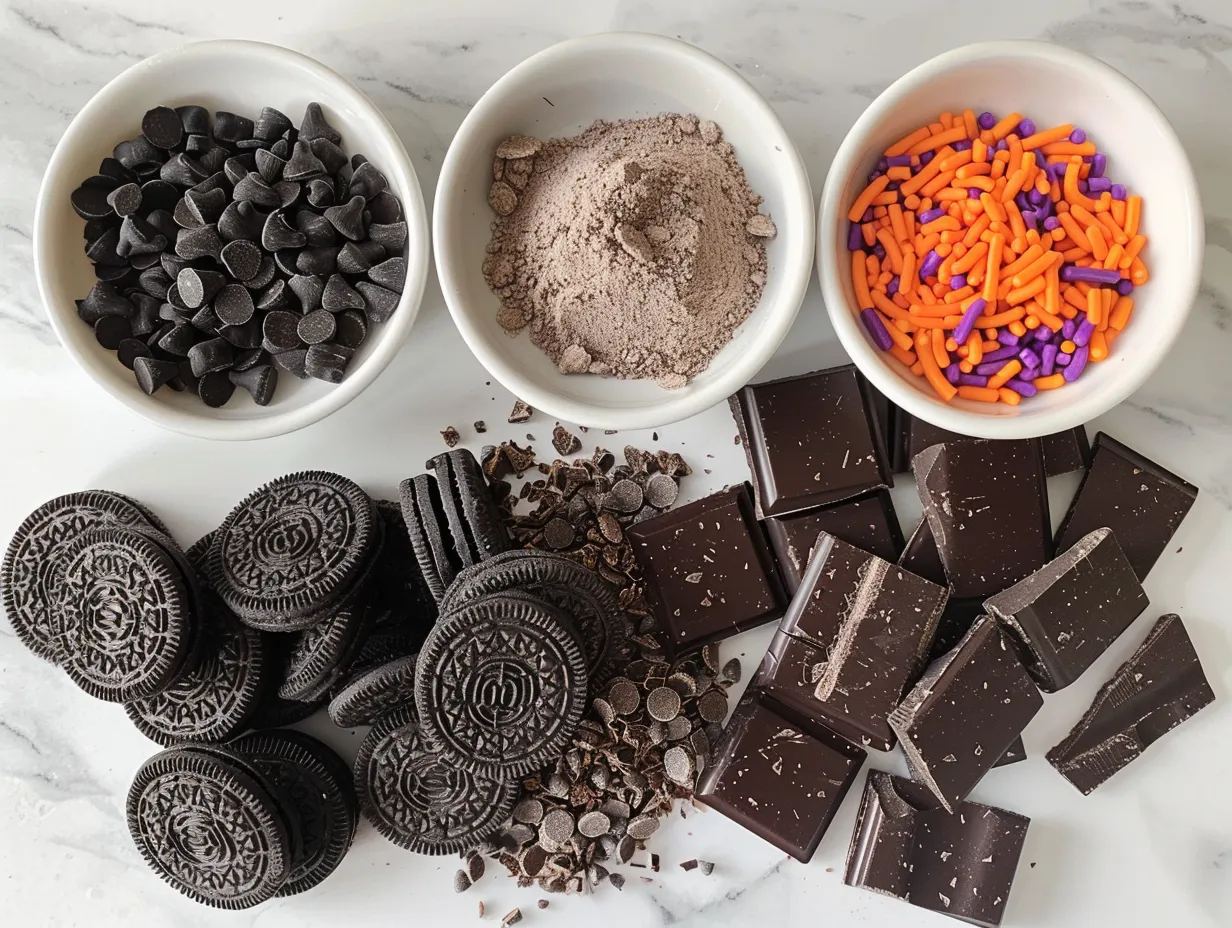 Ingredients for making Halloween Oreo Bark, including white chocolate, Halloween Oreos, and sprinkles, arranged on a marble surface.