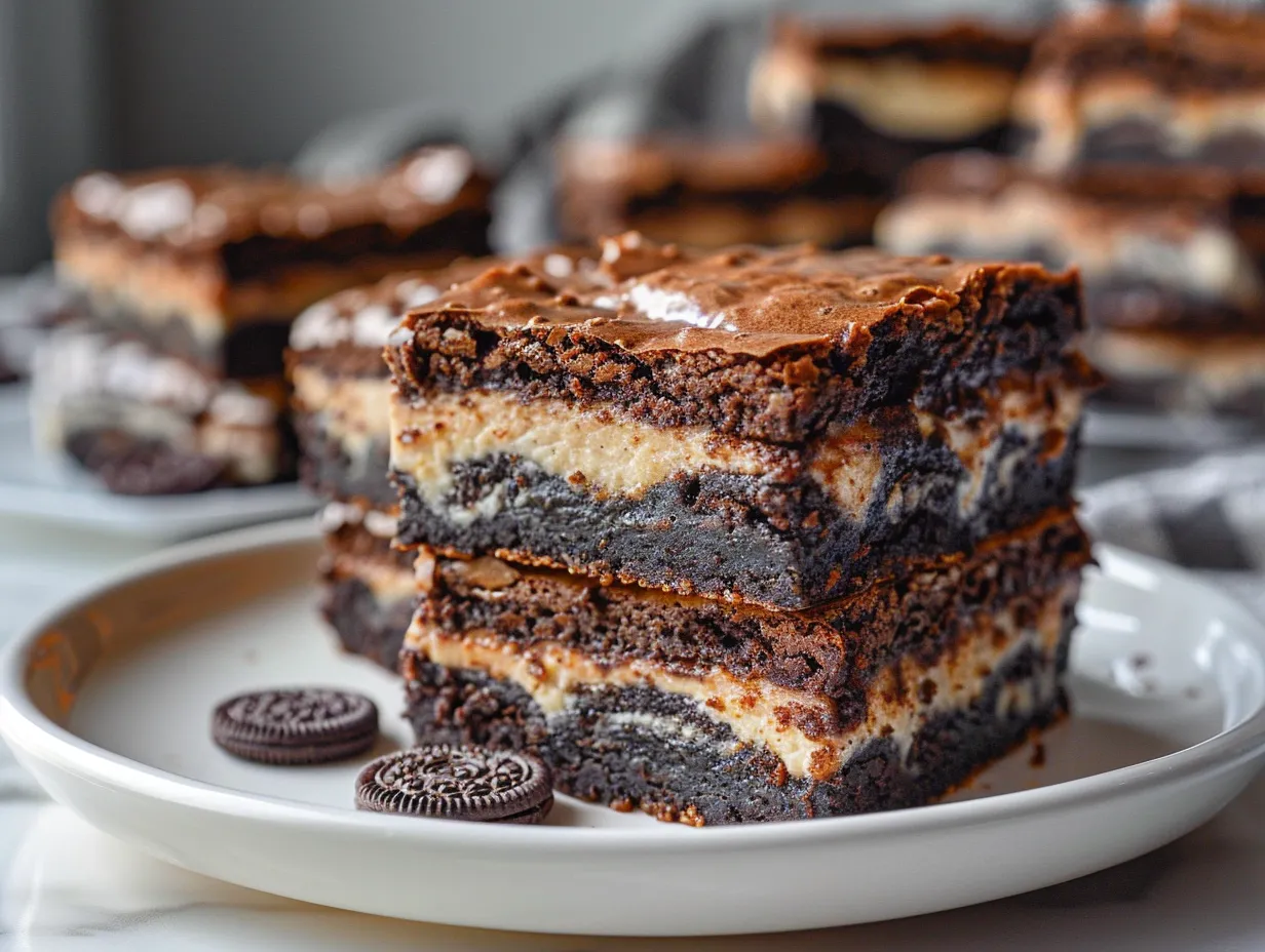Halloween Oreo Brownie Bars cut into squares and ready to serve.