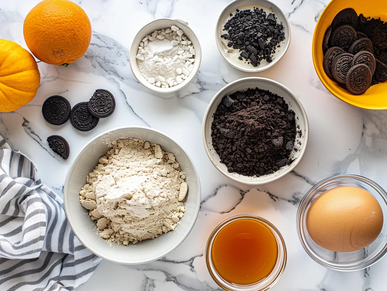 Ingredients for Halloween Oreo Dirt Cake including Oreo cookies, cream cheese, butter, milk, instant vanilla pudding mix, whipped topping, gummy worms, Halloween sprinkles, and candy tombstones.
