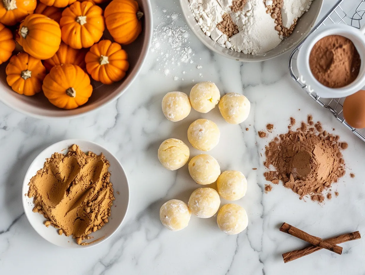 Ingredients for making homemade Pumpkin Cheesecake Truffles including cream cheese, pumpkin puree, sugar, pumpkin spice, chocolate chips and more