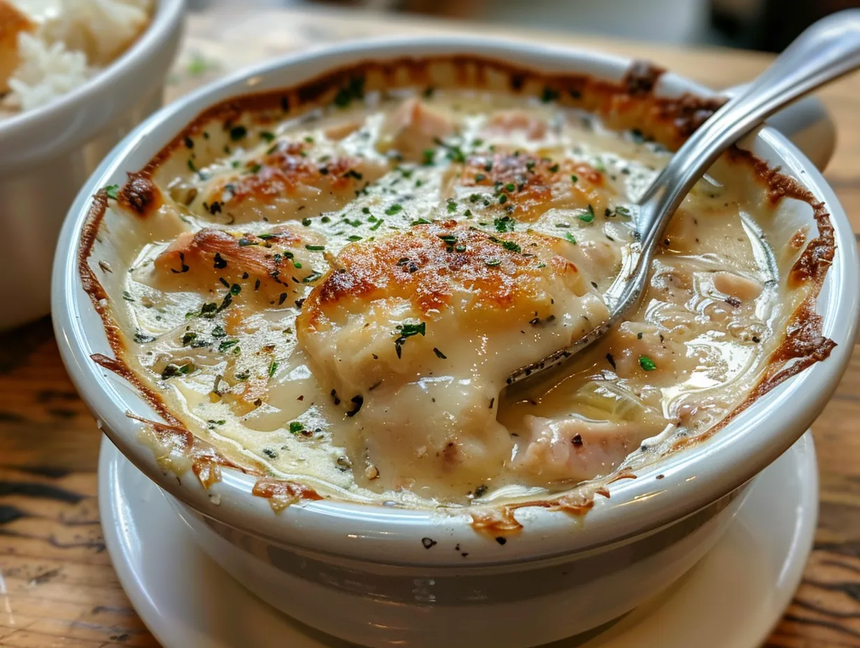 A bowl of creamy chicken cordon bleu soup with a spoon in it