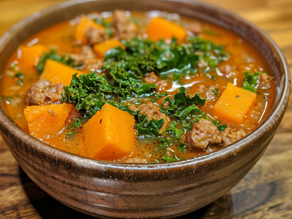 A bowl of hearty sausage sweet potato kale soup