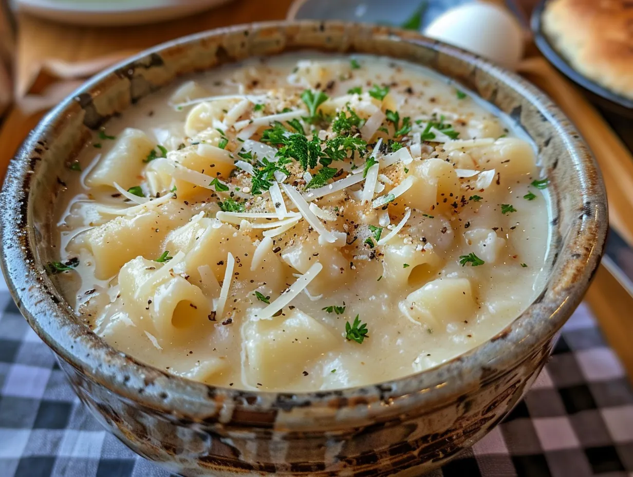 Bowl of Creamy Pasta Soup, a comforting family meal