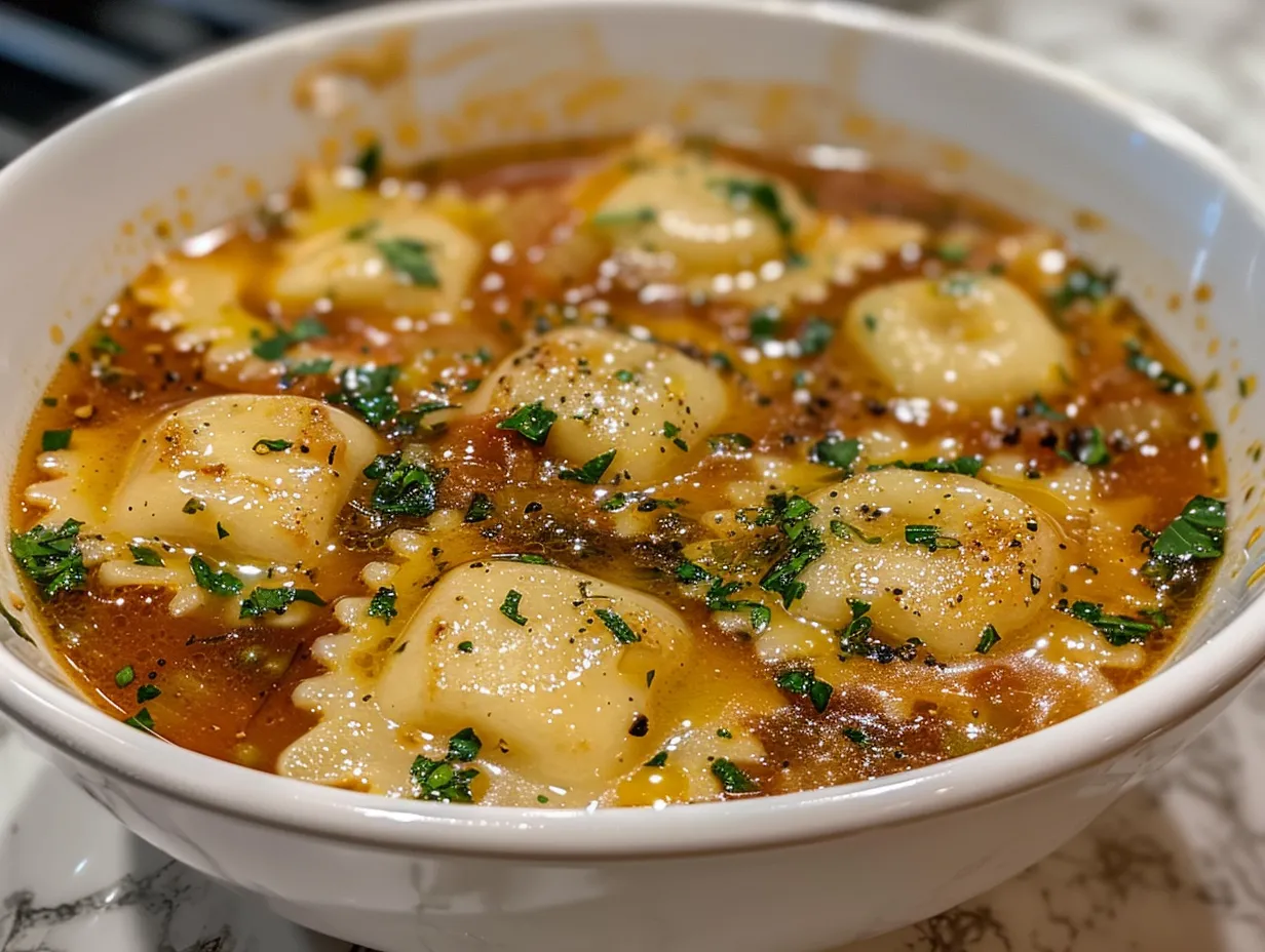 A comforting bowl of Ravioli Soup.