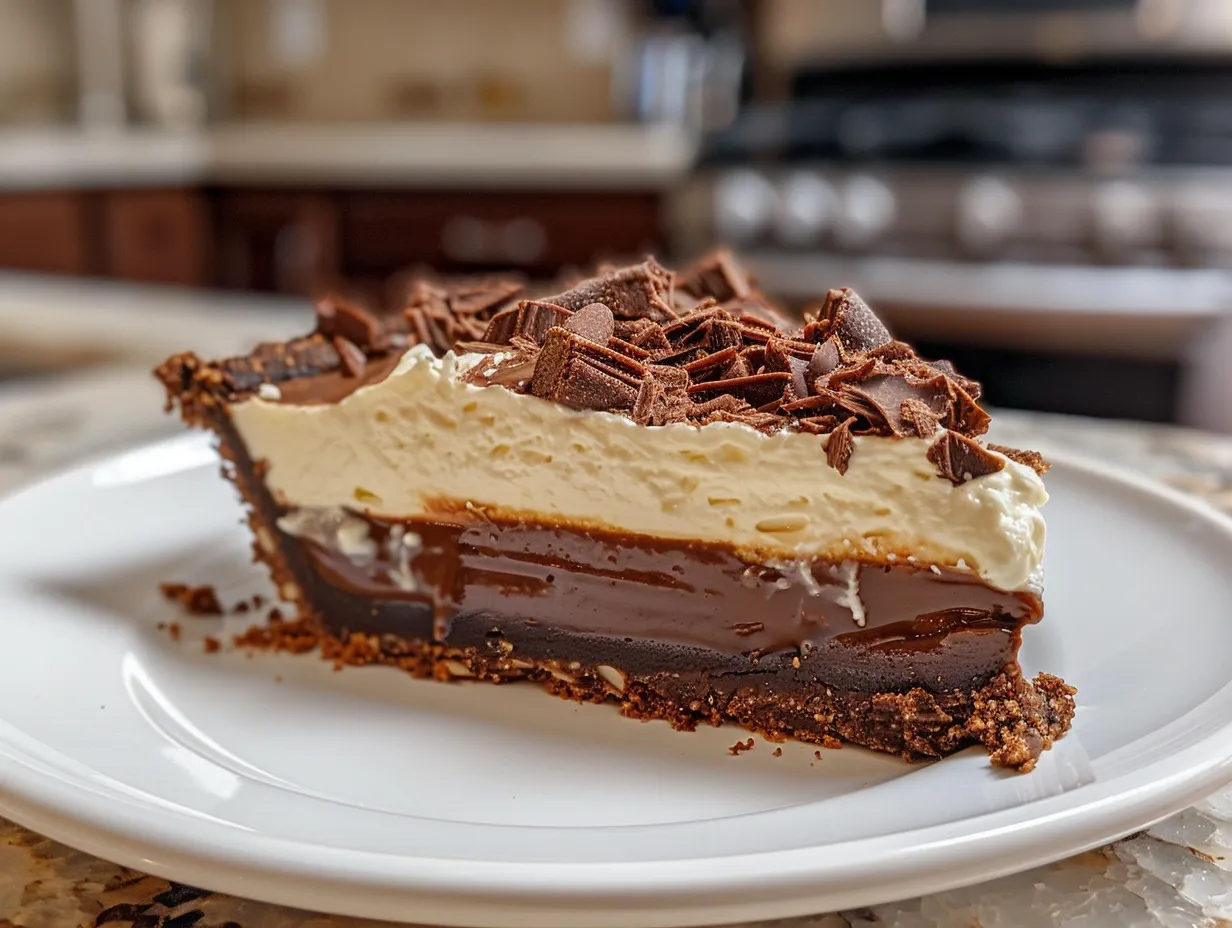 A slice of decadent Mississippi Mud Pie with a Creamy Chocolate Filling