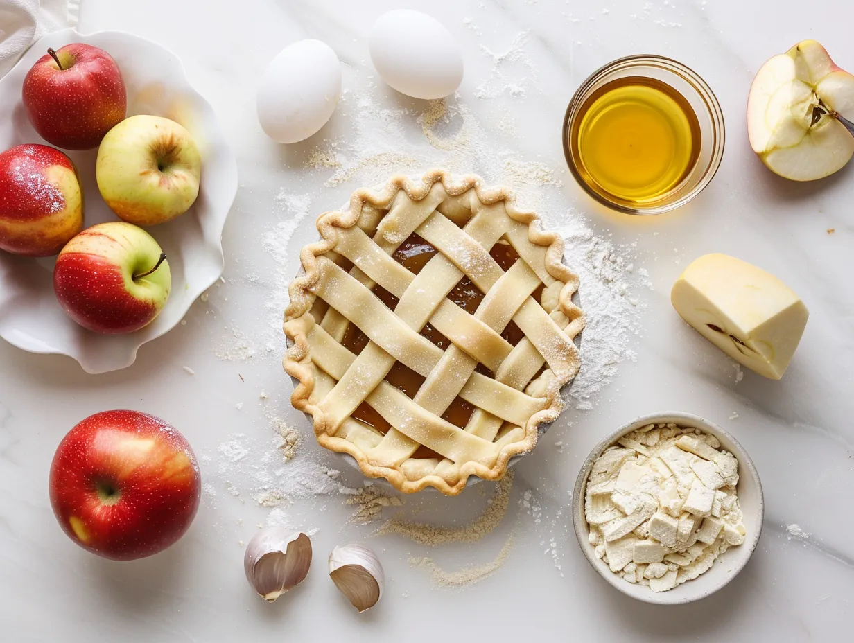 Ingredients for making Apple Butter Pie including applesauce, spices, and pie crust