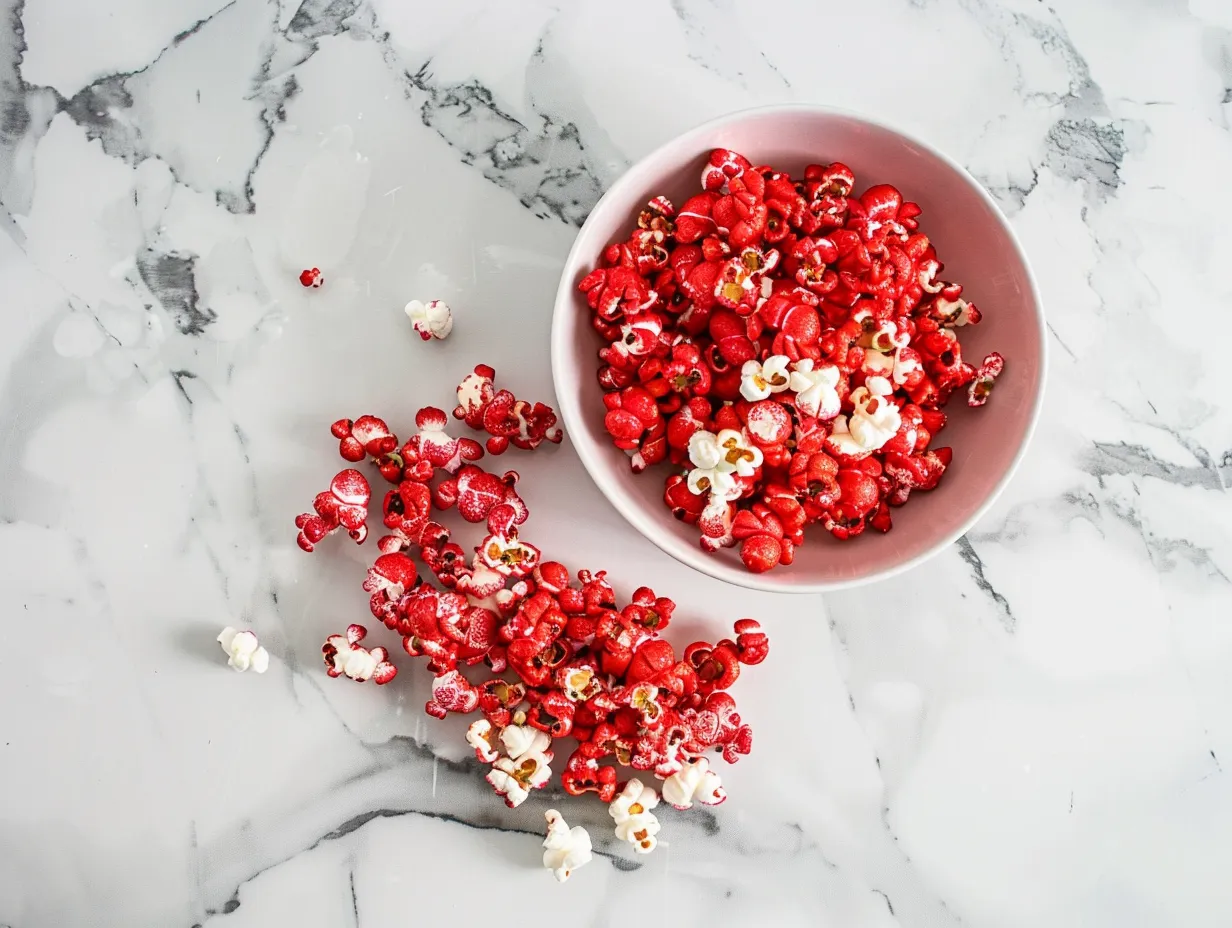 Ingredients for making Bloody Red Velvet Popcorn arranged on a table.
