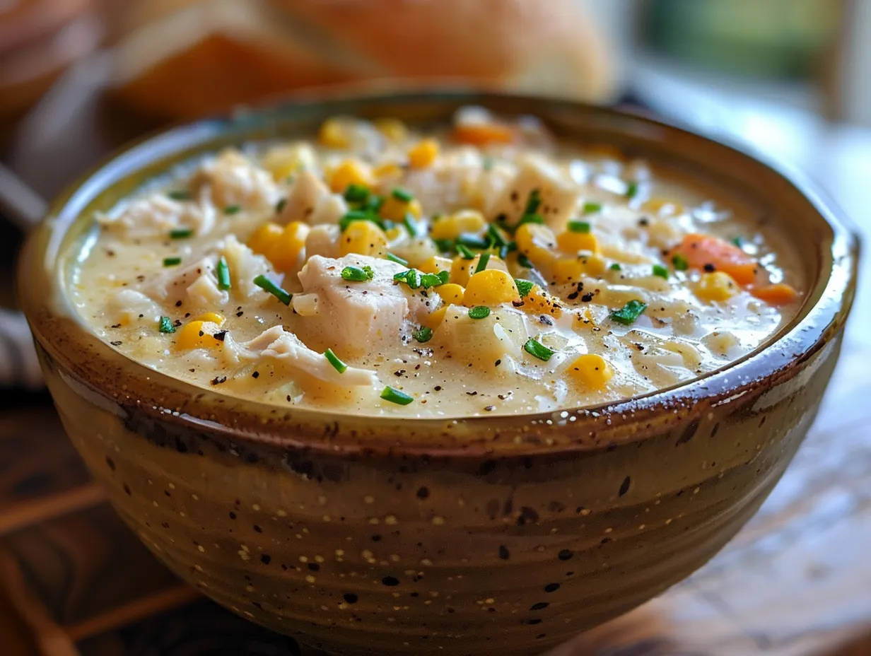 Bowl of homemade chicken corn chowder garnished with parsley.
