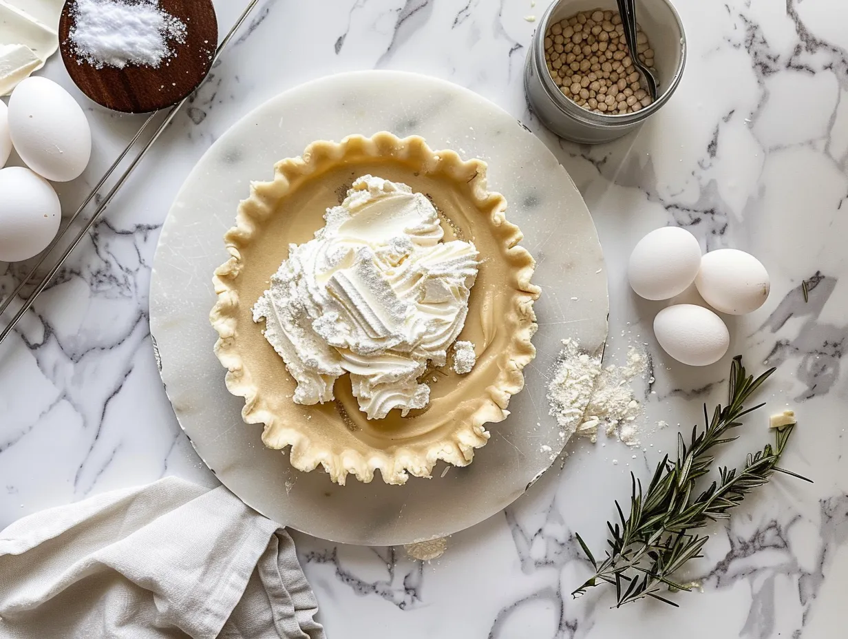 Ingredients for Butterscotch Heaven Pie, including graham crackers, butter, brown sugar, milk, cornstarch, salt, egg yolks, and vanilla extract.