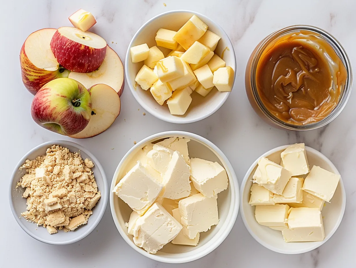 Ingredients for Caramel Apple Cheesecake Bars: graham crackers, butter, sugar, cream cheese, eggs, vanilla, cinnamon, apples, nutmeg, caramel sauce, and pecans arranged on a marble surface.