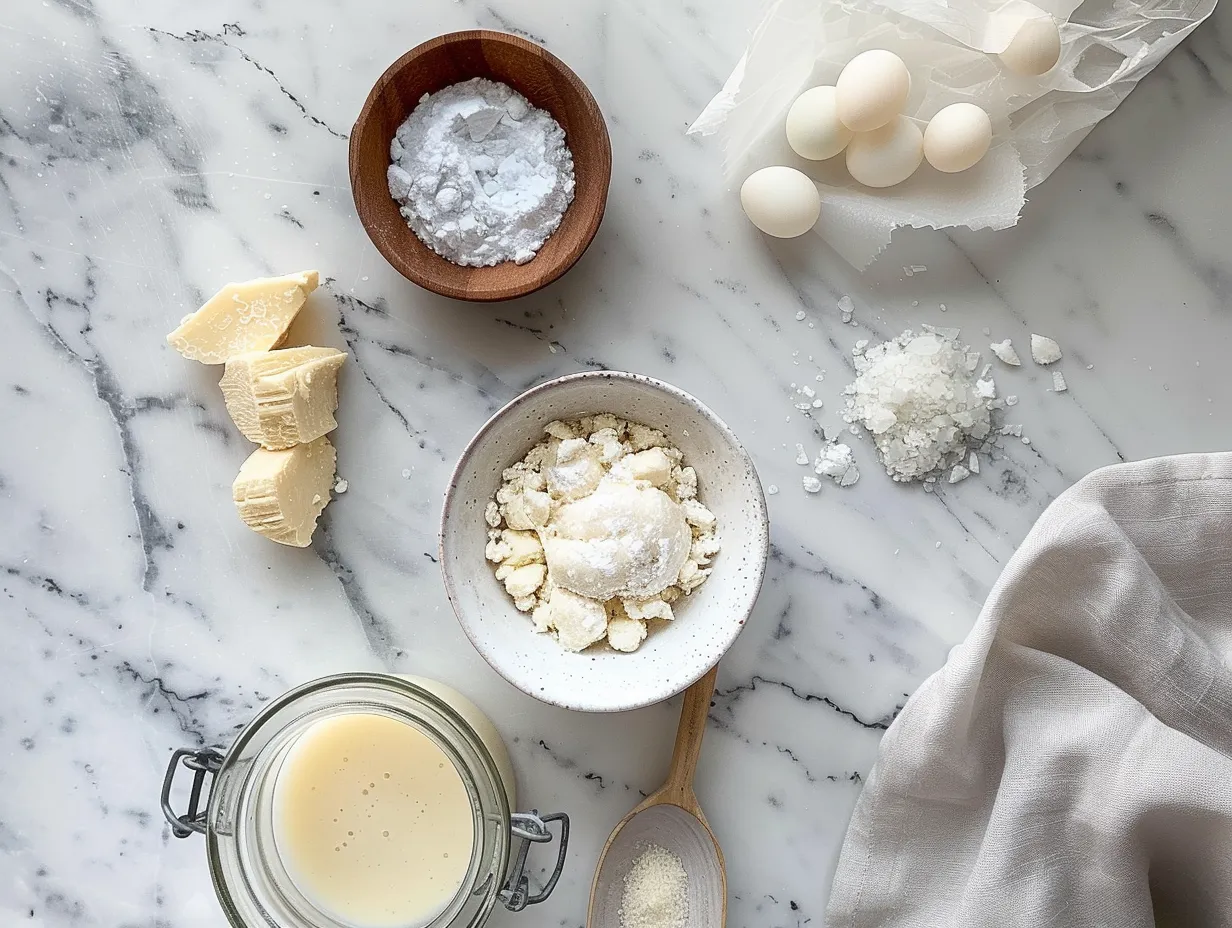 Ingredients for classic cheese ball recipe including cream cheese, cheddar, herbs, and pecans.