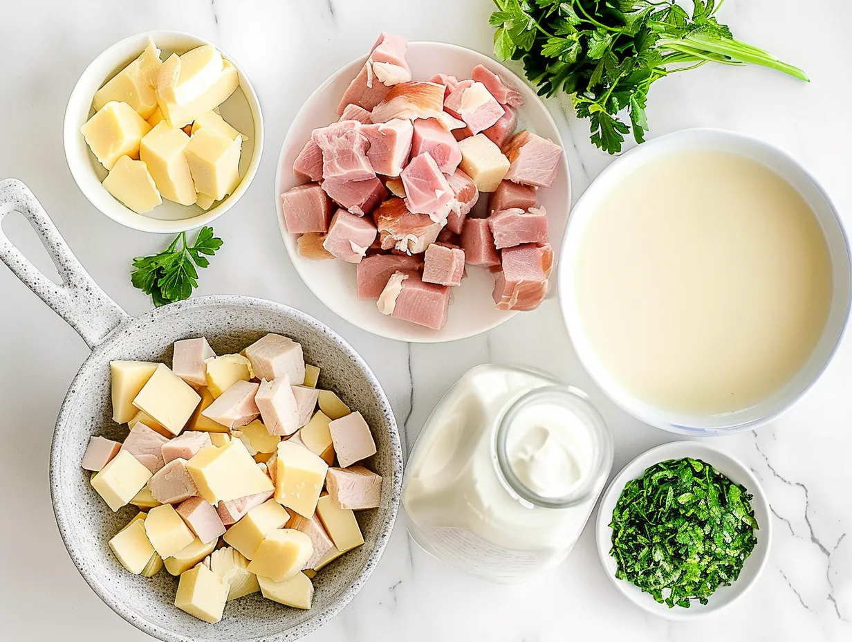 Ingredients for making chicken cordon bleu soup laid out on a counter