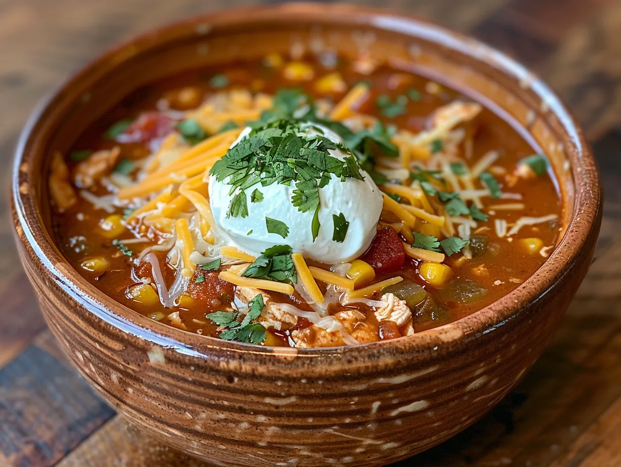 A comforting bowl of Chilis Chicken Enchilada Soup Recipe, garnished with fresh toppings.