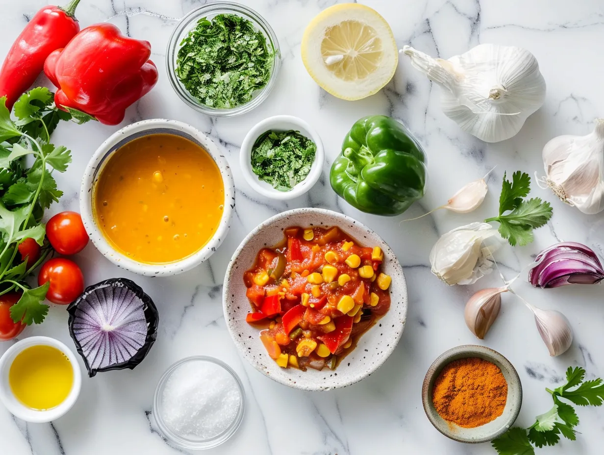 Ingredients for making Chilis Chicken Enchilada Soup Recipe laid out on a wooden table.