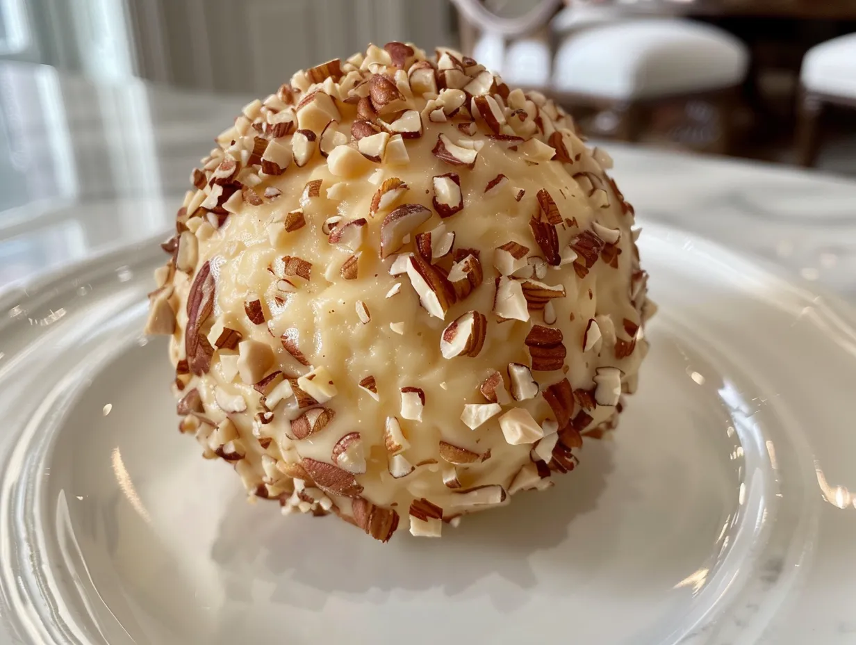 A beautifully displayed classic cheese ball surrounded by crackers and apple slices.