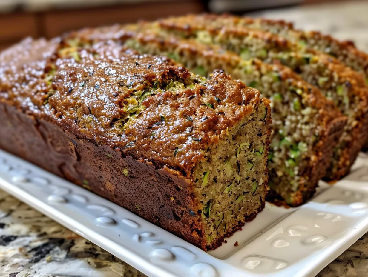 Close-up of a moist slice of Greek yogurt zucchini bread