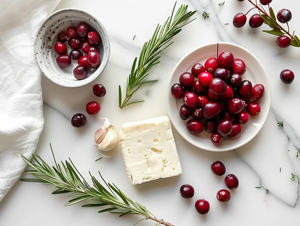 Ingredients for cranberry brie bites including puff pastry, brie cheese, cranberry sauce, pecans, honey, egg, and rosemary