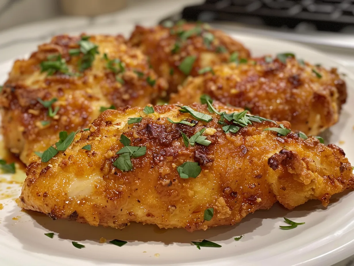 A delicious Sour Cream and Onion Chicken bake with a golden-brown crust, garnished with fresh chives.