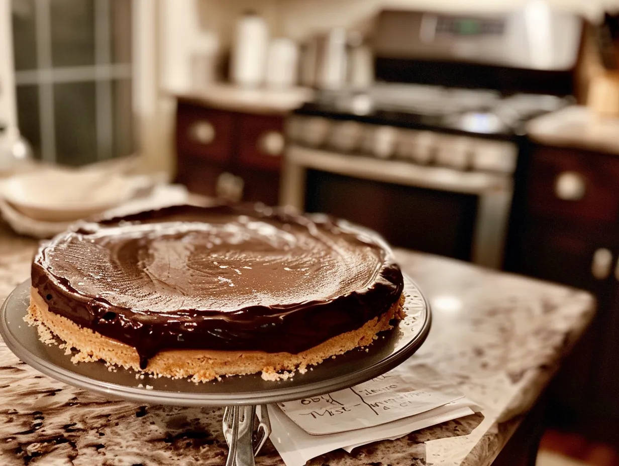 A beautifully assembled Homemade Boston Cream Pie sits on a kitchen counter, showcasing its glossy chocolate ganache and creamy filling.