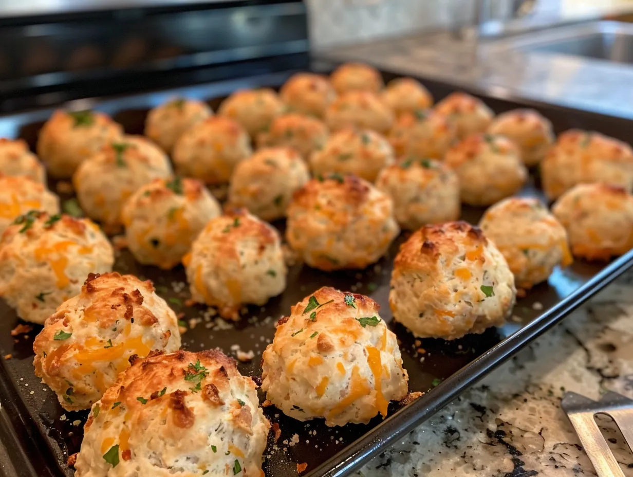 Finished Cheddar Bay Biscuit Sausage Balls served on a kitchen counter.