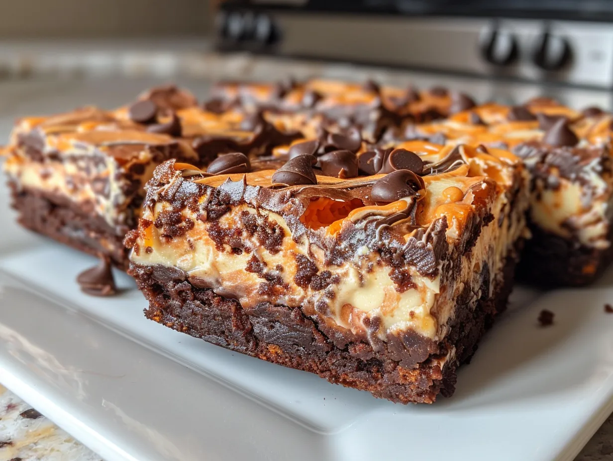 Finished loaded cream cheese Halloween brownies decorated with Halloween sprinkles and candies