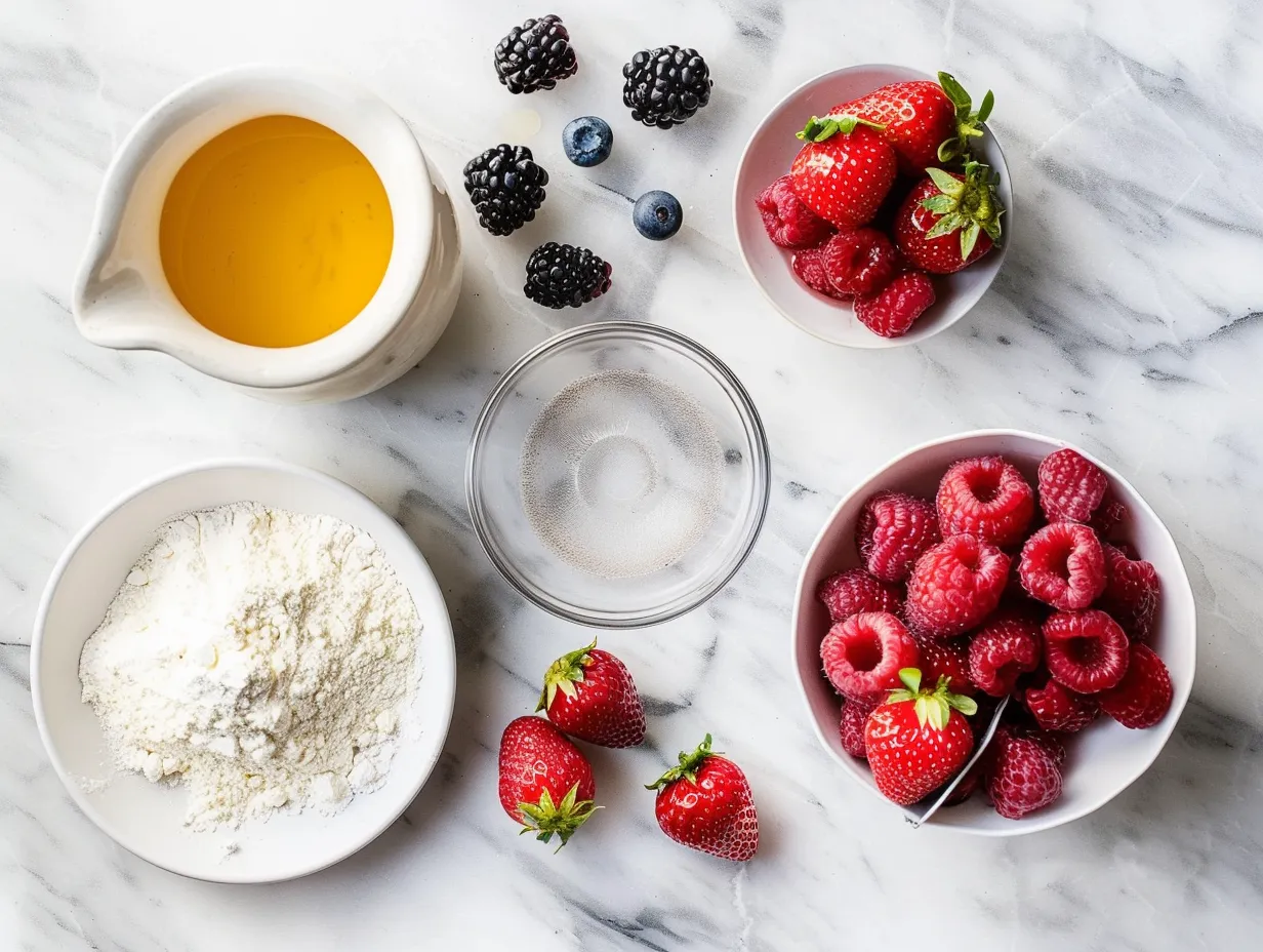 Ingredients for a fresh berry cheesecake, including mixed berries, cream cheese, and graham crackers