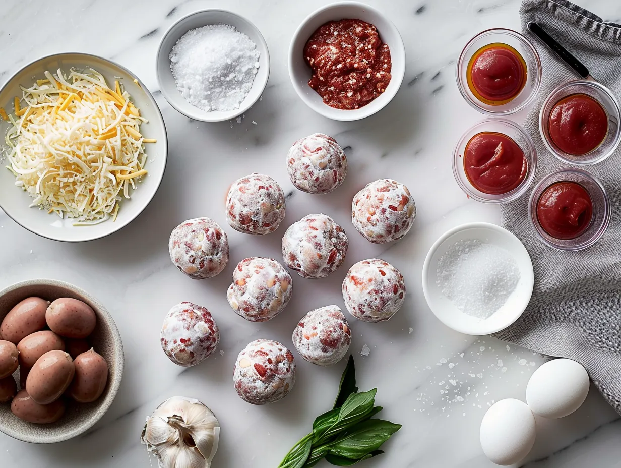 Fresh ingredients for making cheesy rotel sausage balls, including sausage, Rotel, cheddar cheese, and spices