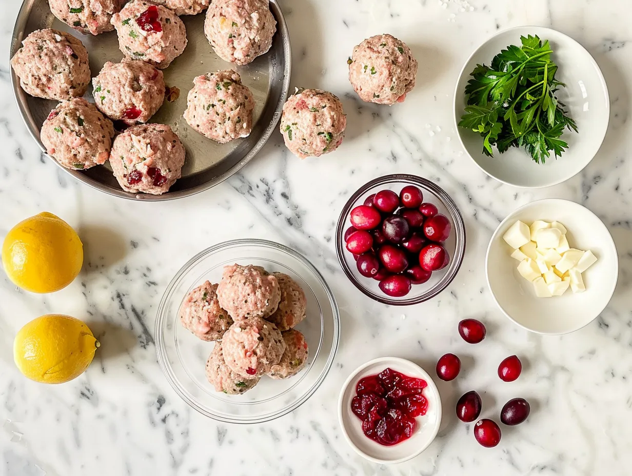 Ingredients for preparing cranberry turkey meatballs, including ground turkey, cranberries, herbs, and spices.