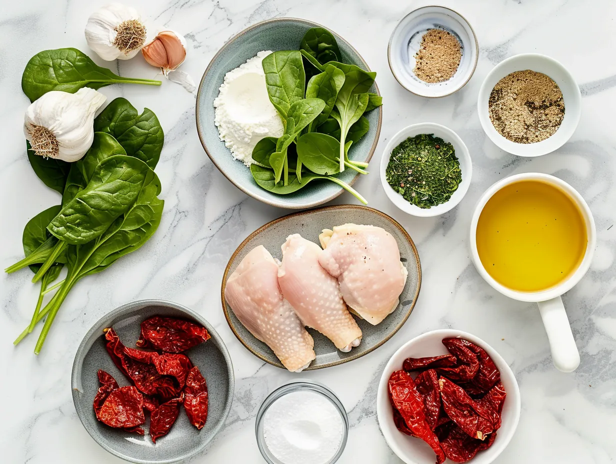 Fresh ingredients for Marry Me Chicken Soup including chicken, vegetables, and spices.