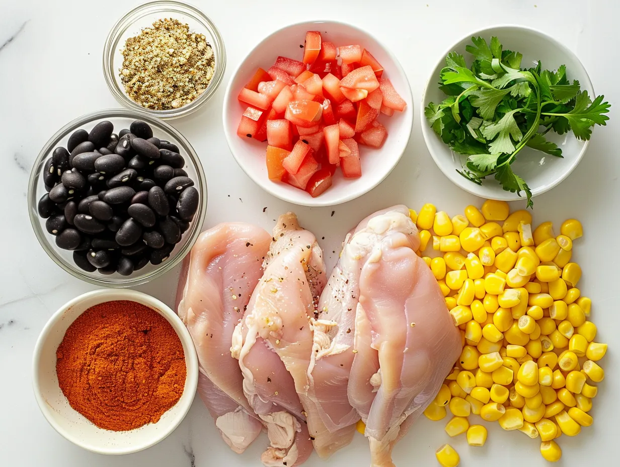 Fresh ingredients including chicken, onions, peppers and spices for making Southwest Chicken Soup
