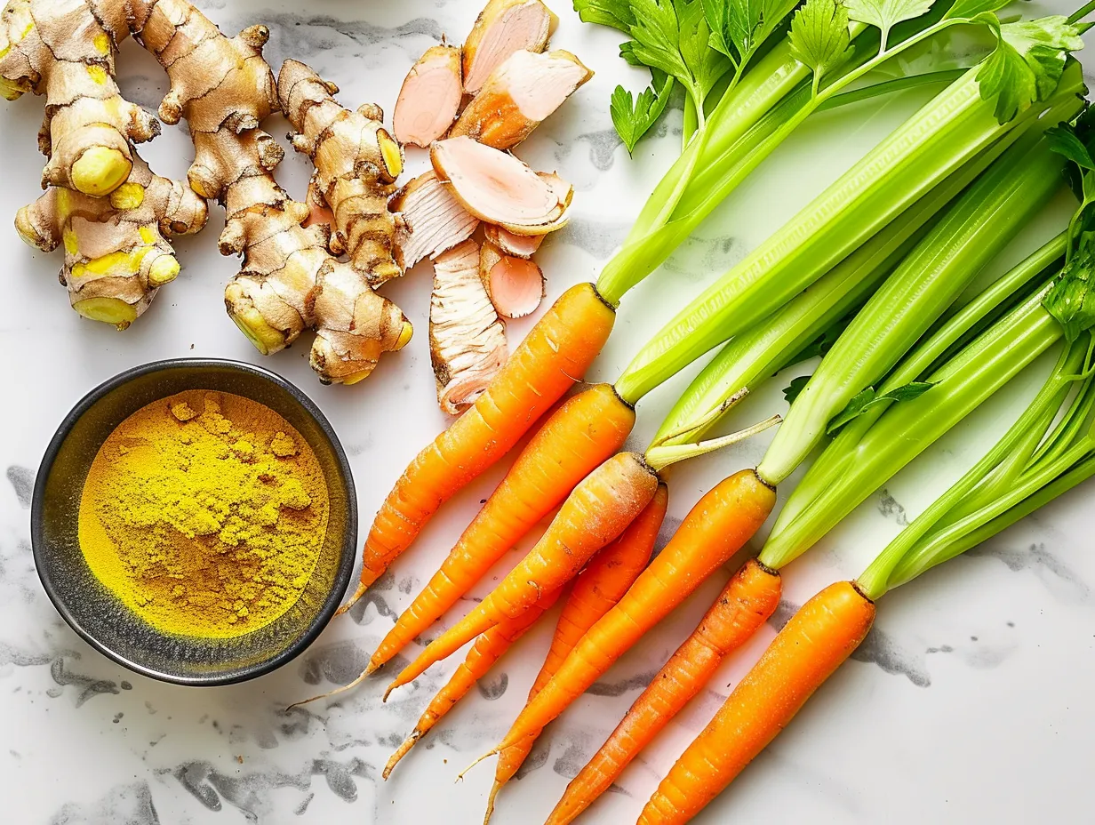 Fresh ingredients, including chicken, vegetables, and spices, for preparing turmeric chicken soup.