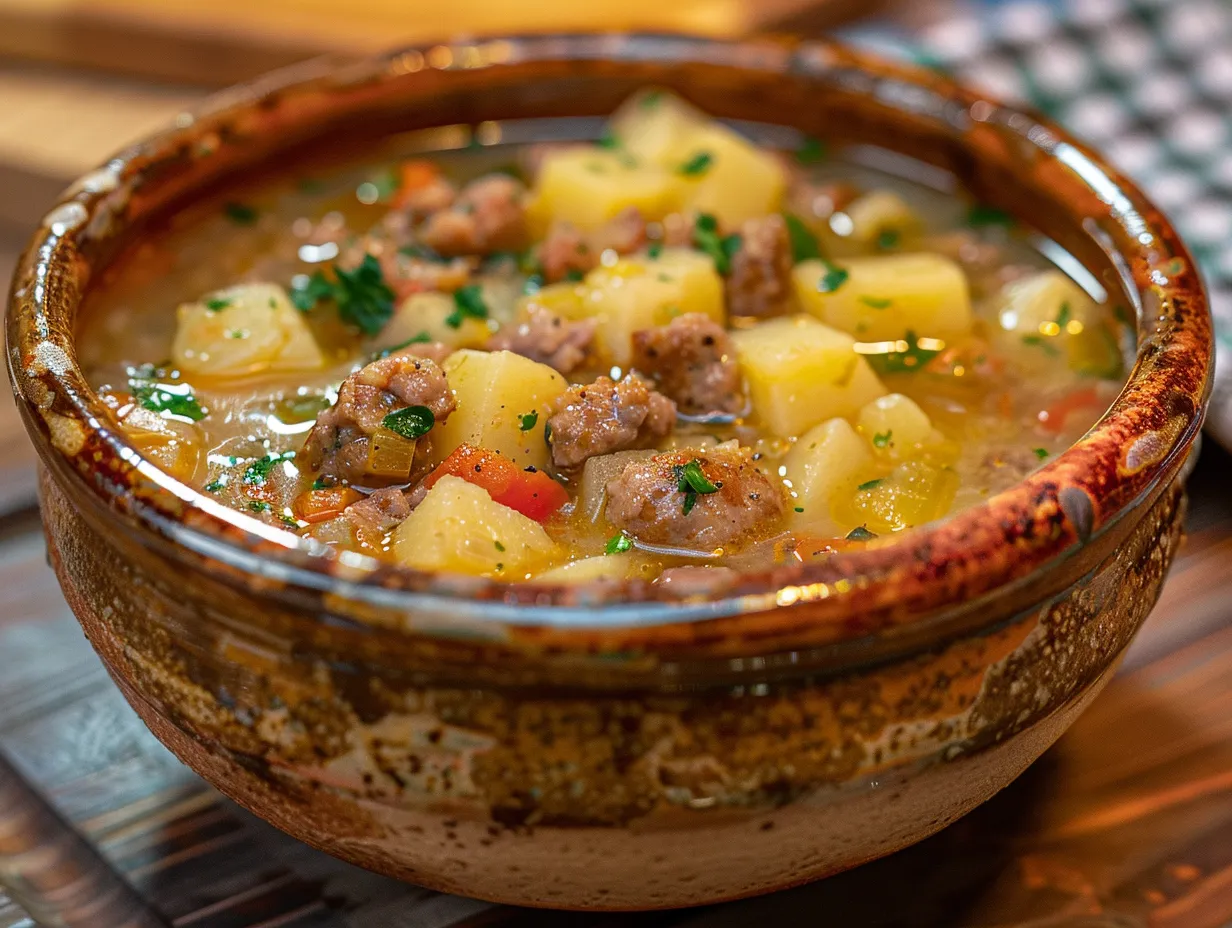 A hearty bowl of Italian Sausage and Potato Soup garnished with parsley and Parmesan cheese.