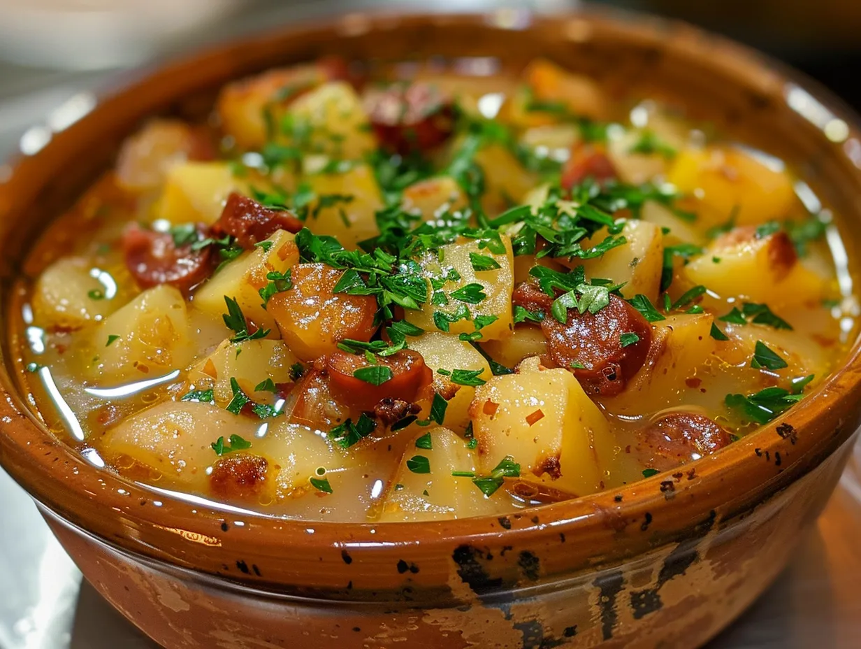 A hearty bowl of Spanish Potato Soup with Chorizo, garnished with fresh cilantro.