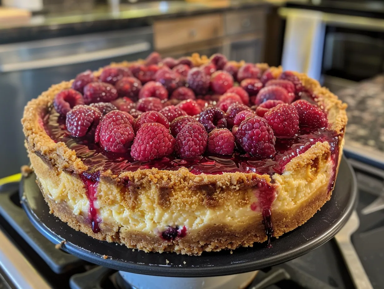 A delicious homemade berry cheesecake with a mixed berry topping