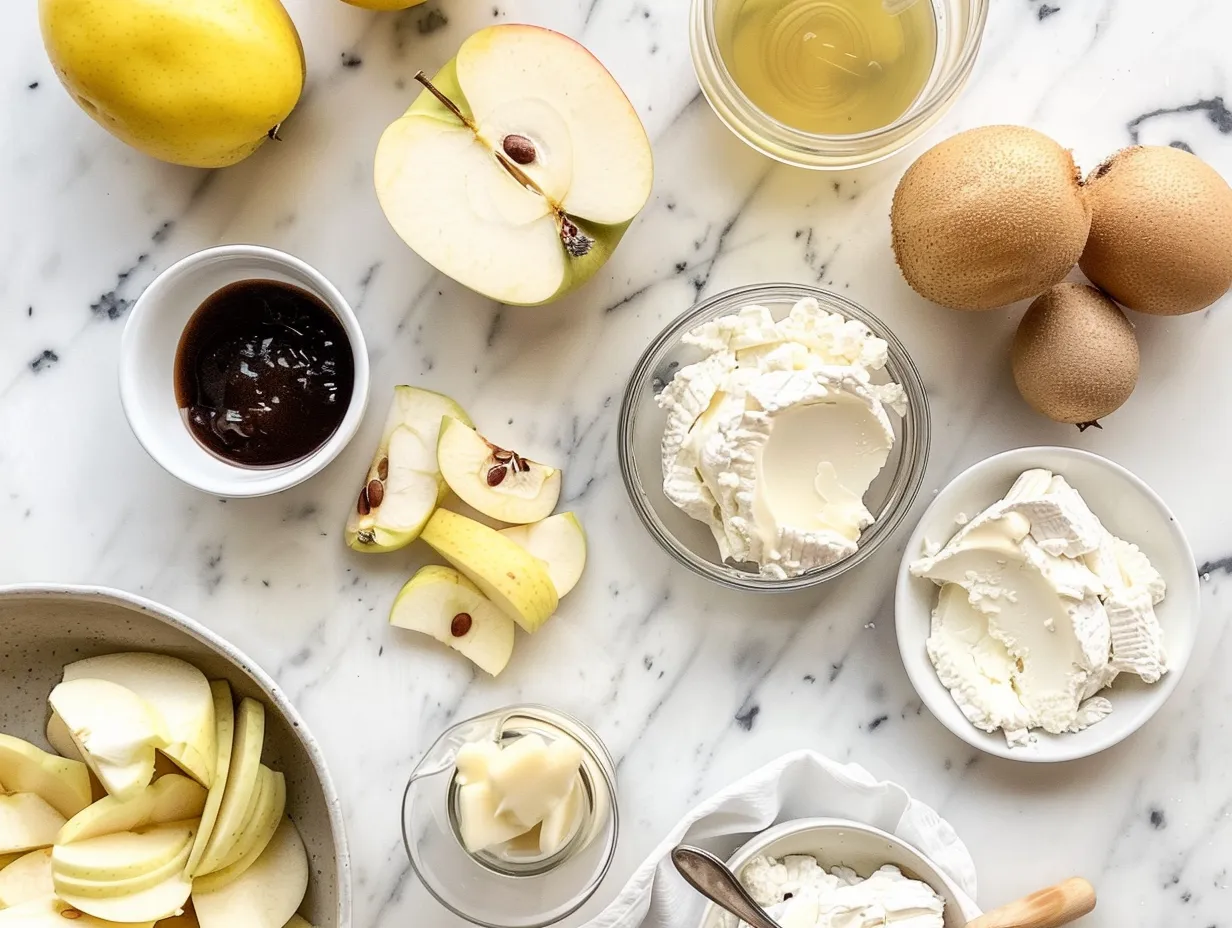 Ingredients for making Apple Butter Brie Bites: puff pastry, brie cheese, apple butter, pecans, egg, and milk.