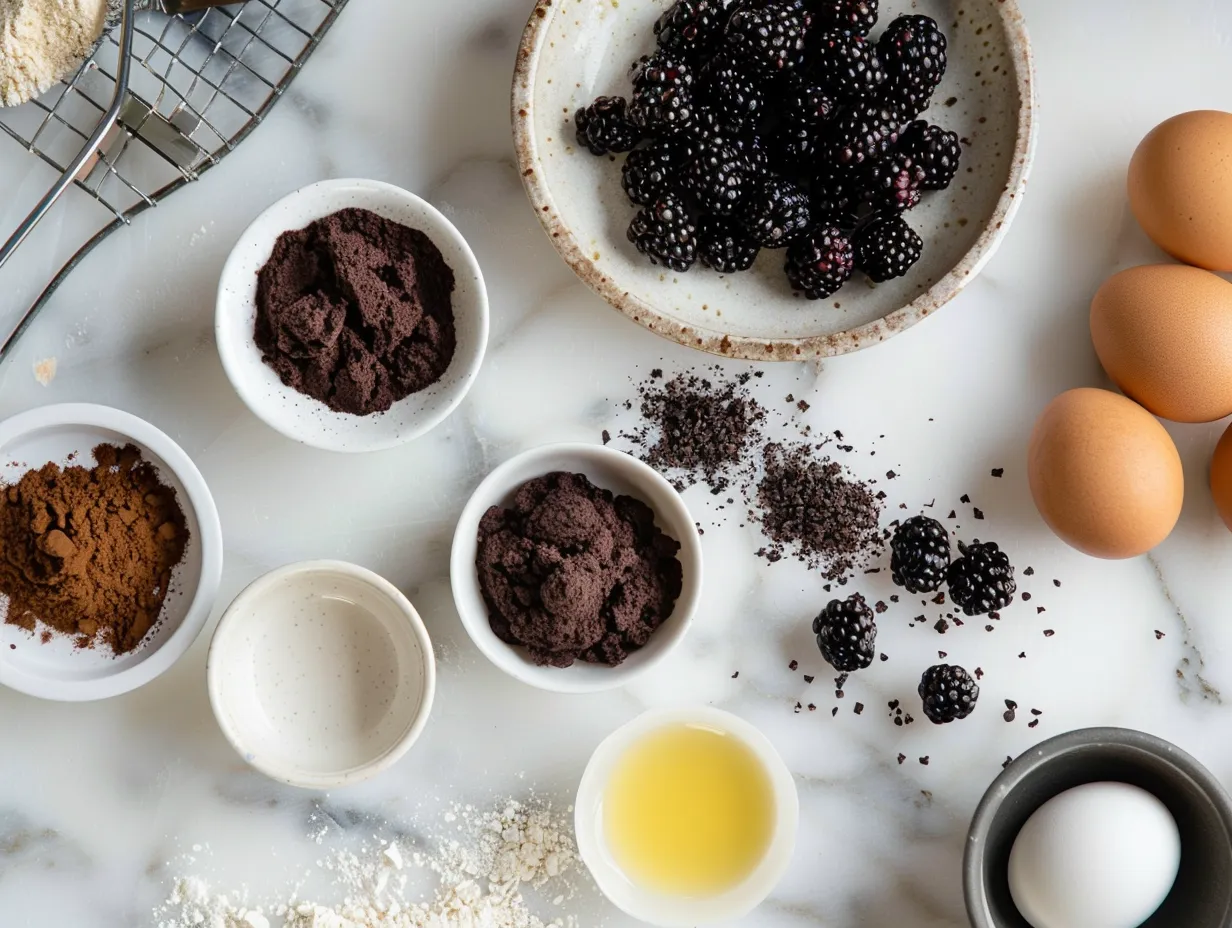 Ingredients for making a blackberry velvet gothic cake including flour, sugar, cocoa powder, and blackberries.