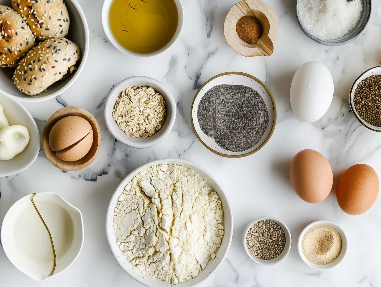Ingredients needed to make chewy protein bagels.