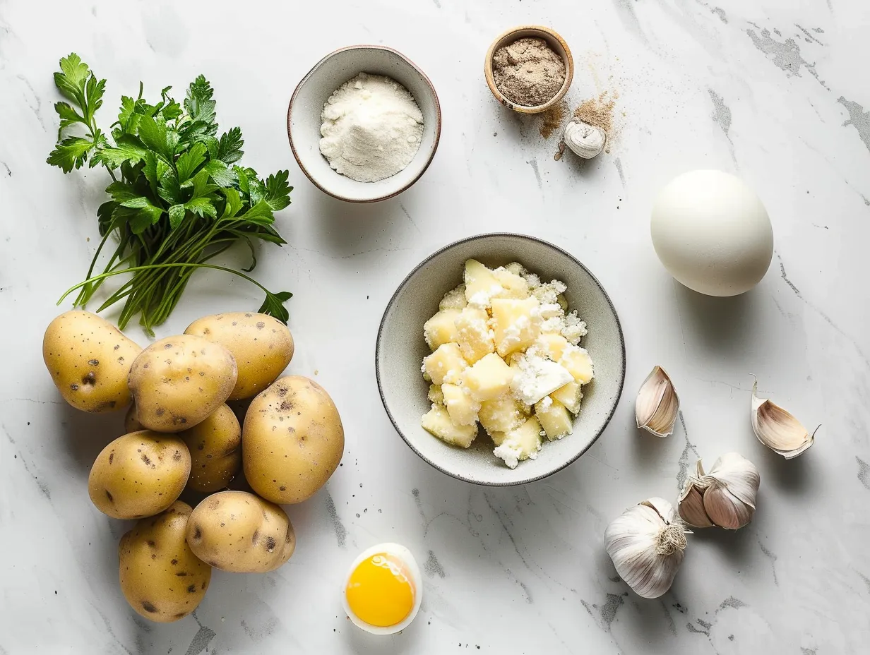 Ingredients for making Copycat Panera Potato Soup: bacon, onion, potatoes, broth, cream, cheese, and spices.