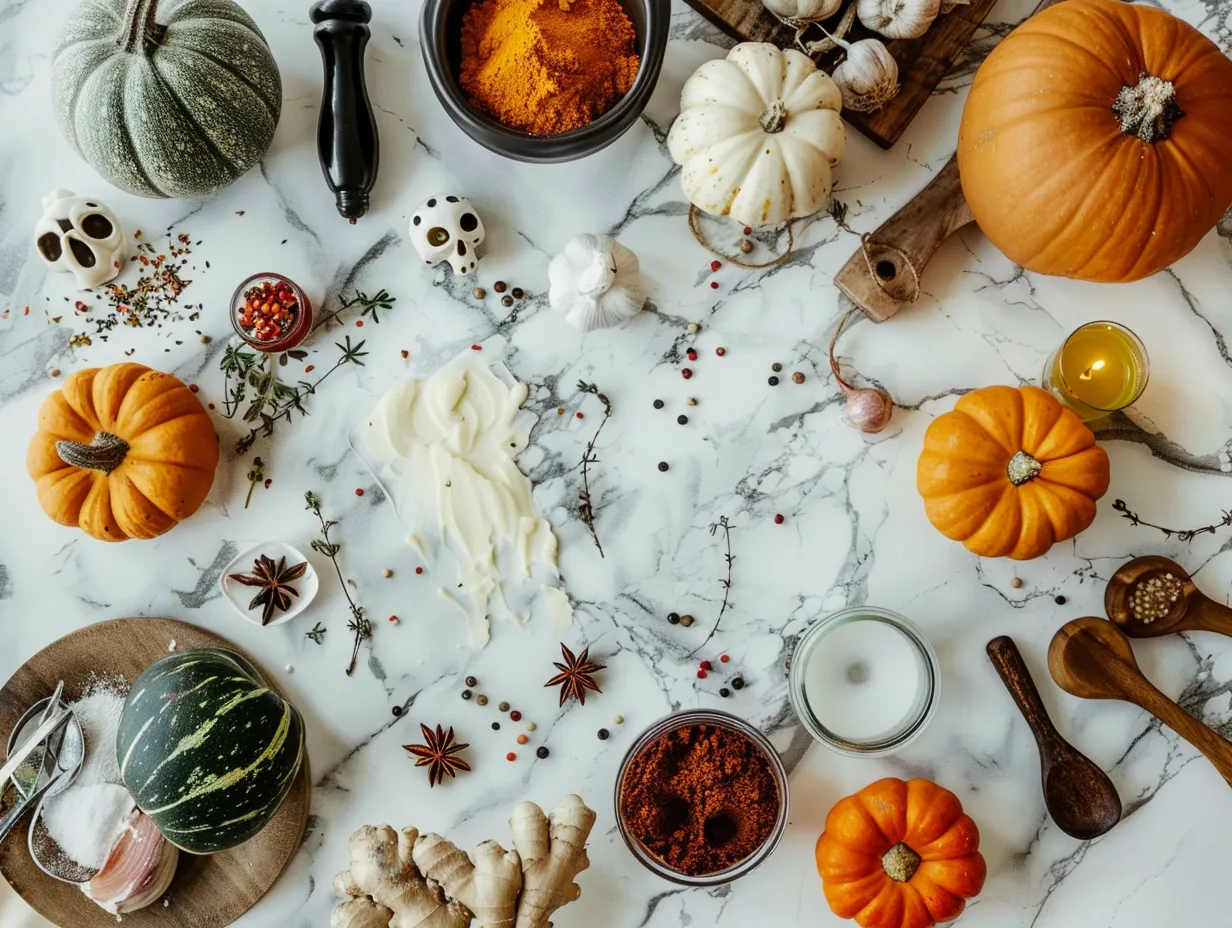 Ingredients for Halloween Crack including saltine crackers, butter, brown sugar, vanilla extract, chocolate chips, and Halloween sprinkles arranged on a marble surface.