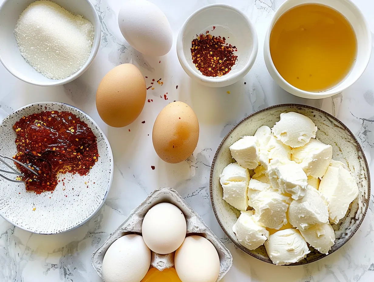 Ingredients needed for making Hot Honey Mozzarella Eggs: eggs, fresh mozzarella, olive oil, hot honey, butter, salt, pepper, red pepper flakes, and fresh basil leaves.