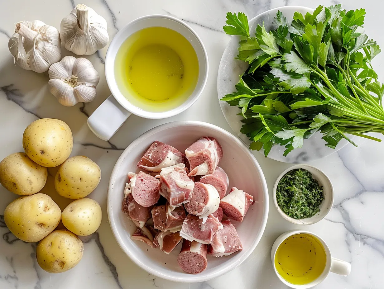 Ingredients for making Italian Sausage and Potato Soup including sausage, potatoes, onions, and spices.