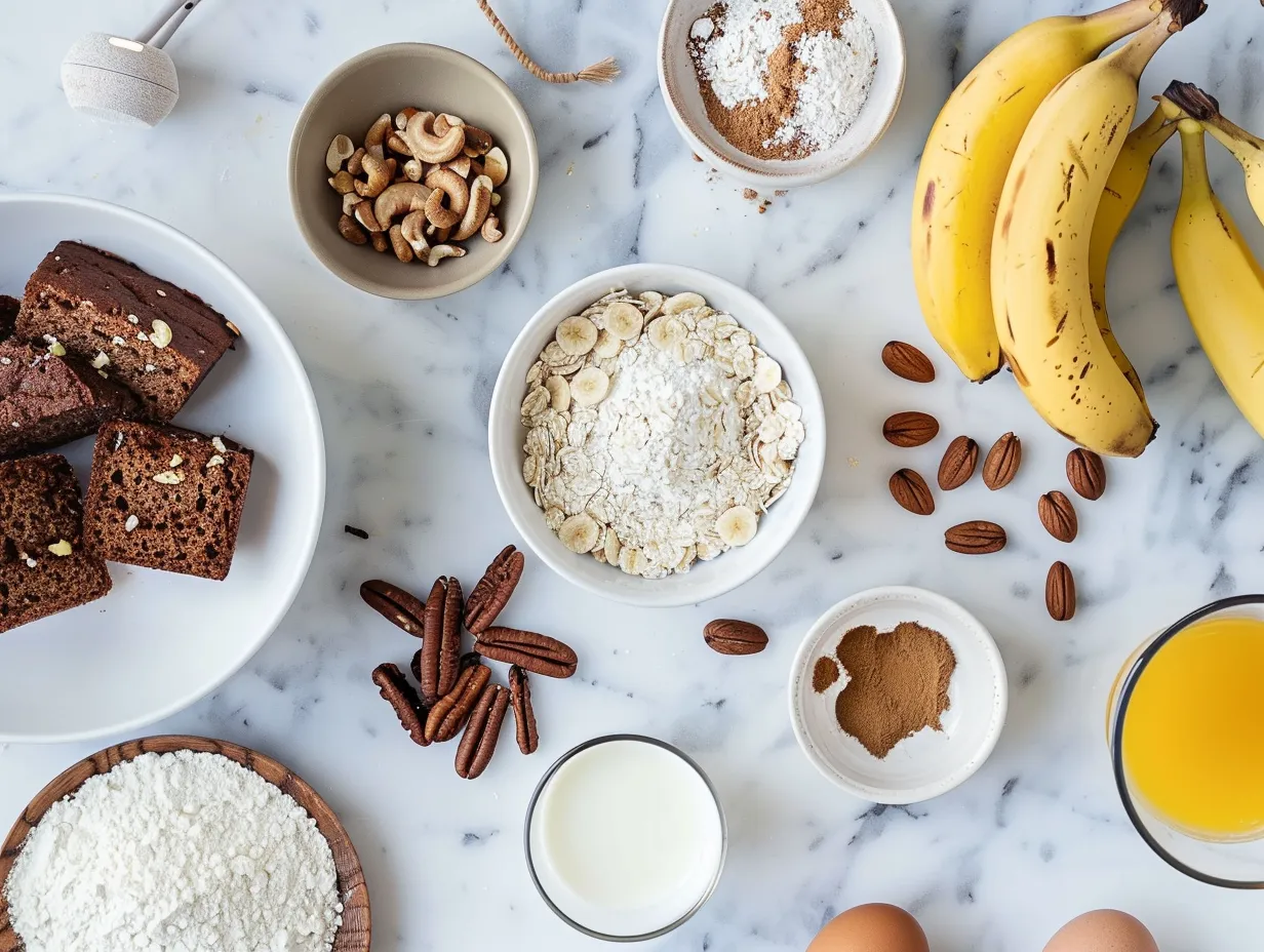 Ingredients for homemade protein banana bread including ripe bananas, almond flour, protein powder, and spices