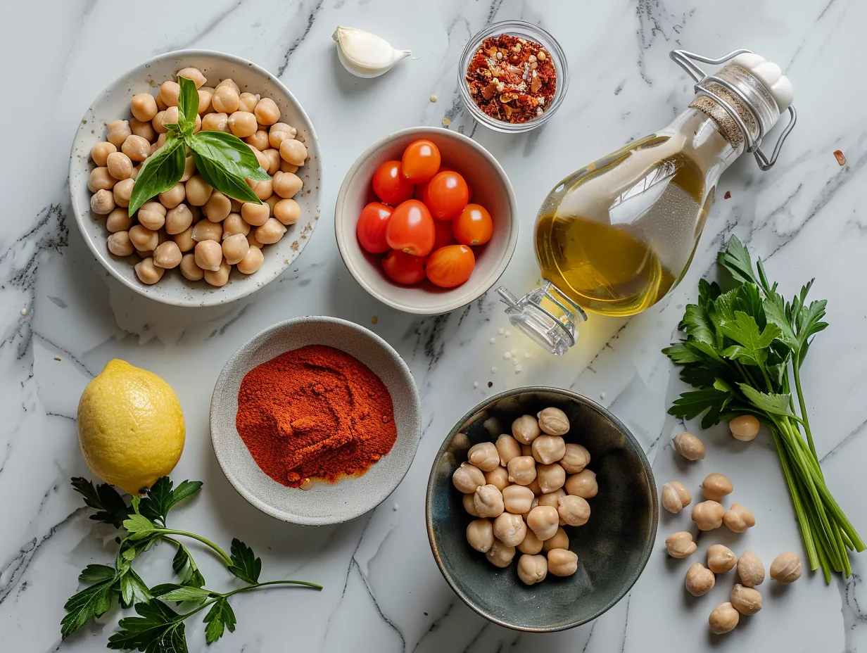 Ingredients for making Tuscan Chickpea Soup, including canned tomatoes, chickpeas, olive oil, and fresh vegetables.