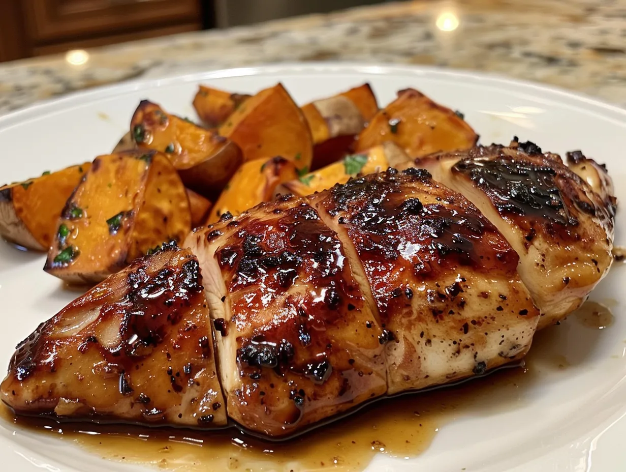 Maple glazed chicken with sweet potatoes dish served on a white plate.