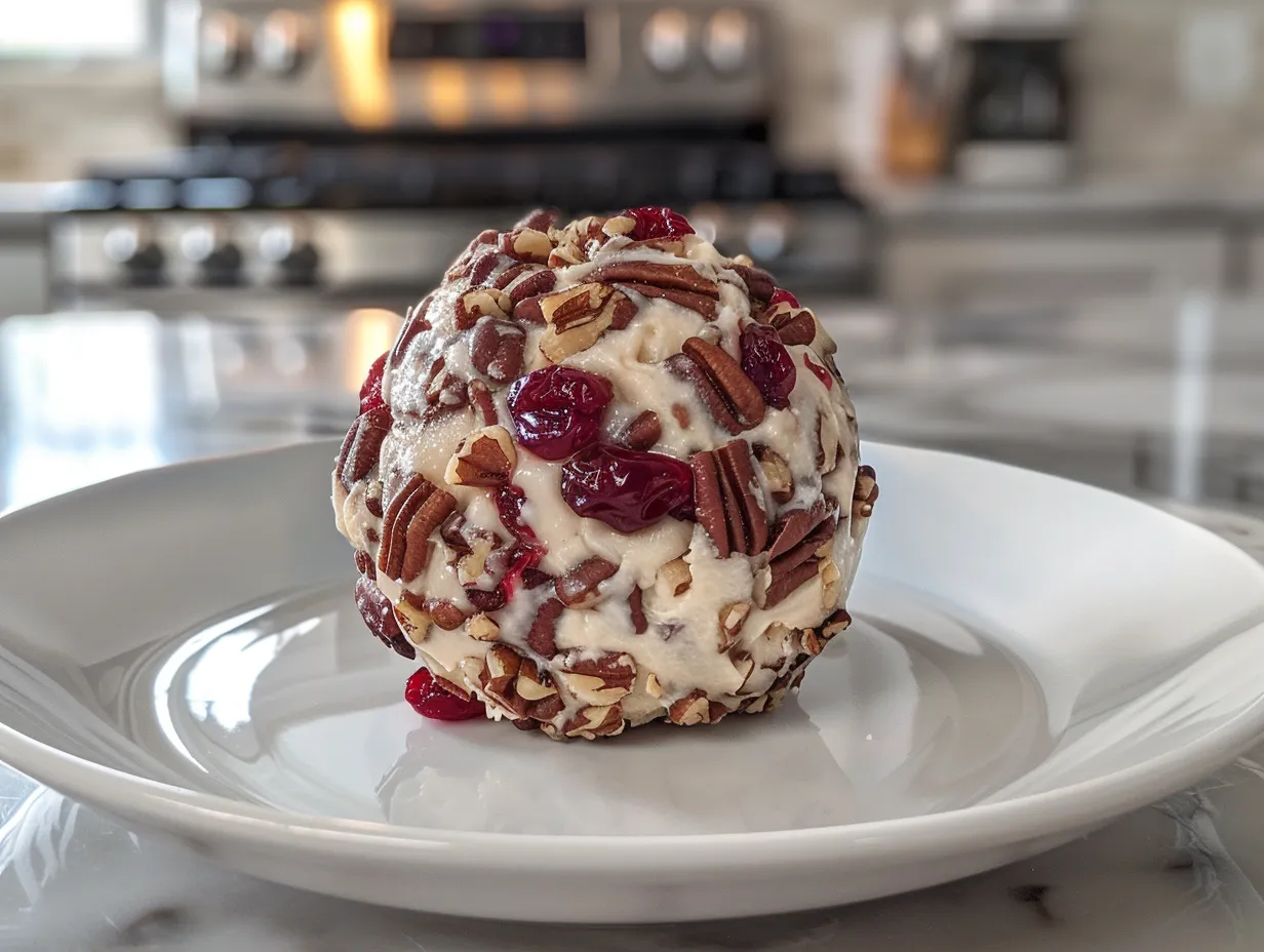 Mouthwatering Cranberry Pecan Cheesecake Ball on display with crackers