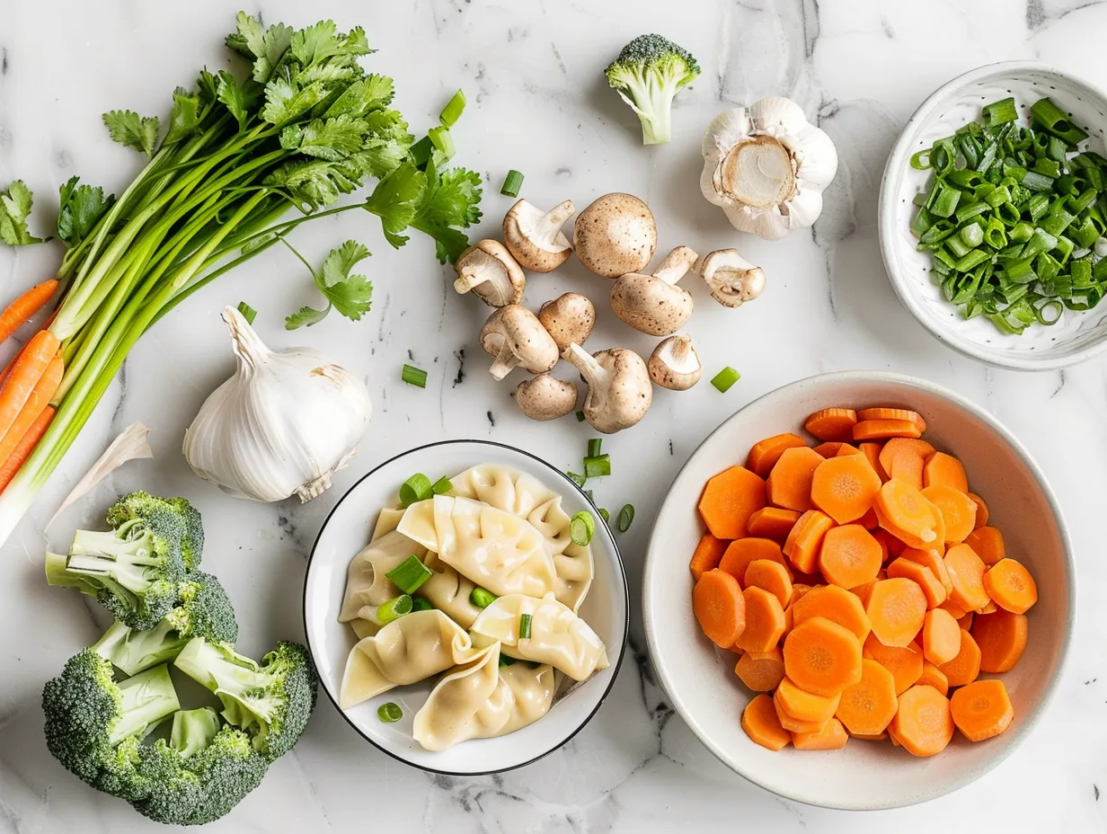 Potsticker soup ingredients: garlic, ginger, chicken broth, potstickers, and vegetables
